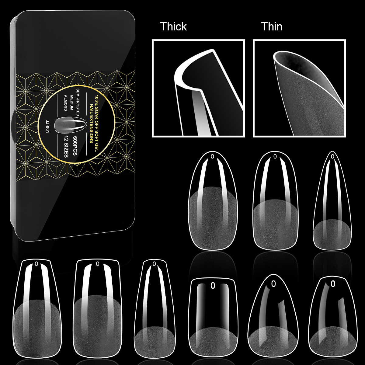 600PCS Black Box Full Cover Frosted Fake Nail Tips
